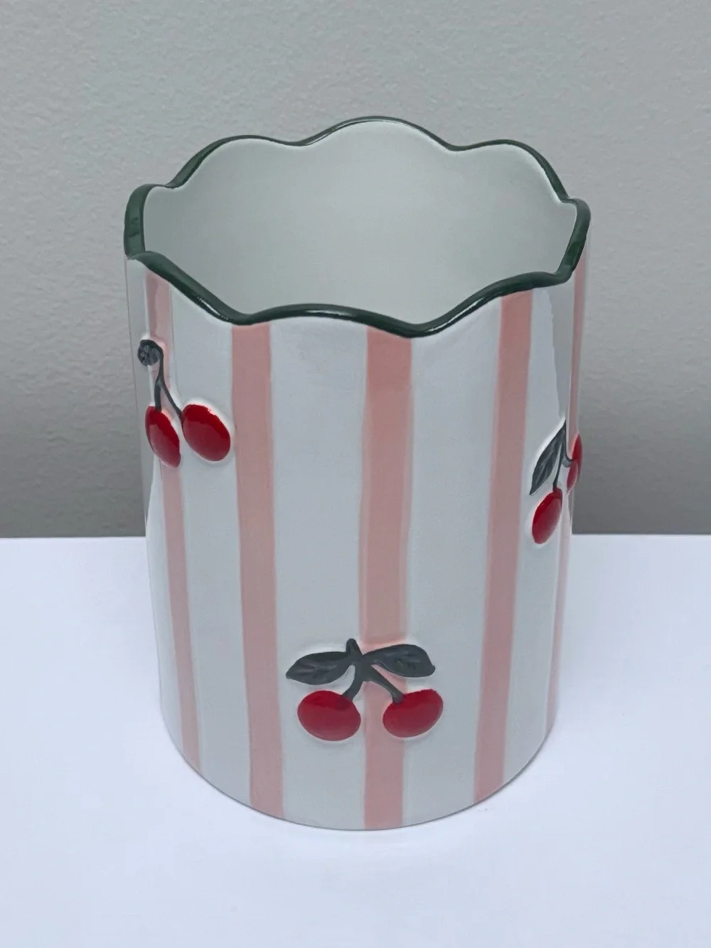 Ceramic Utensil Holder - Pink & White Striped with Cherry Design Target Bullseye